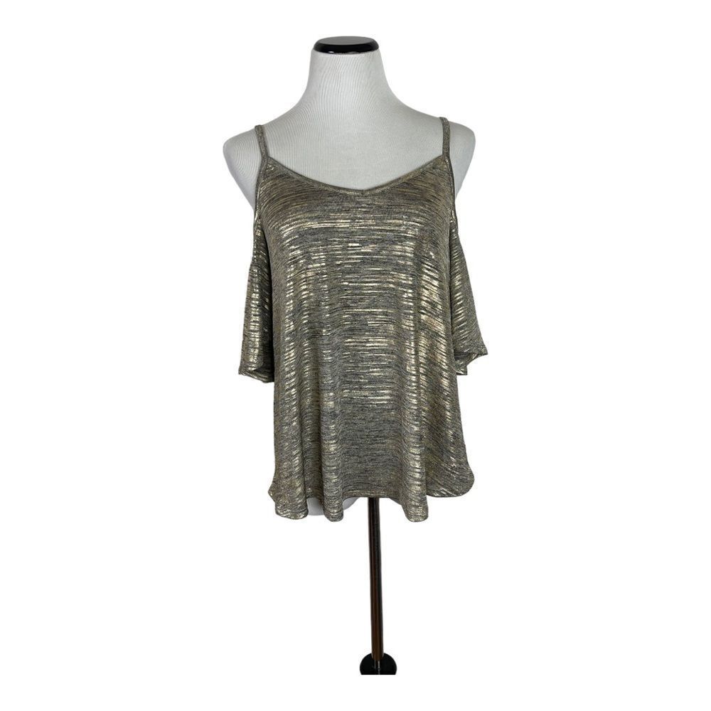 Bar lll Women’s Sz L Off The Shoulder Top Gold Silver Blouse Sexy Holiday Party